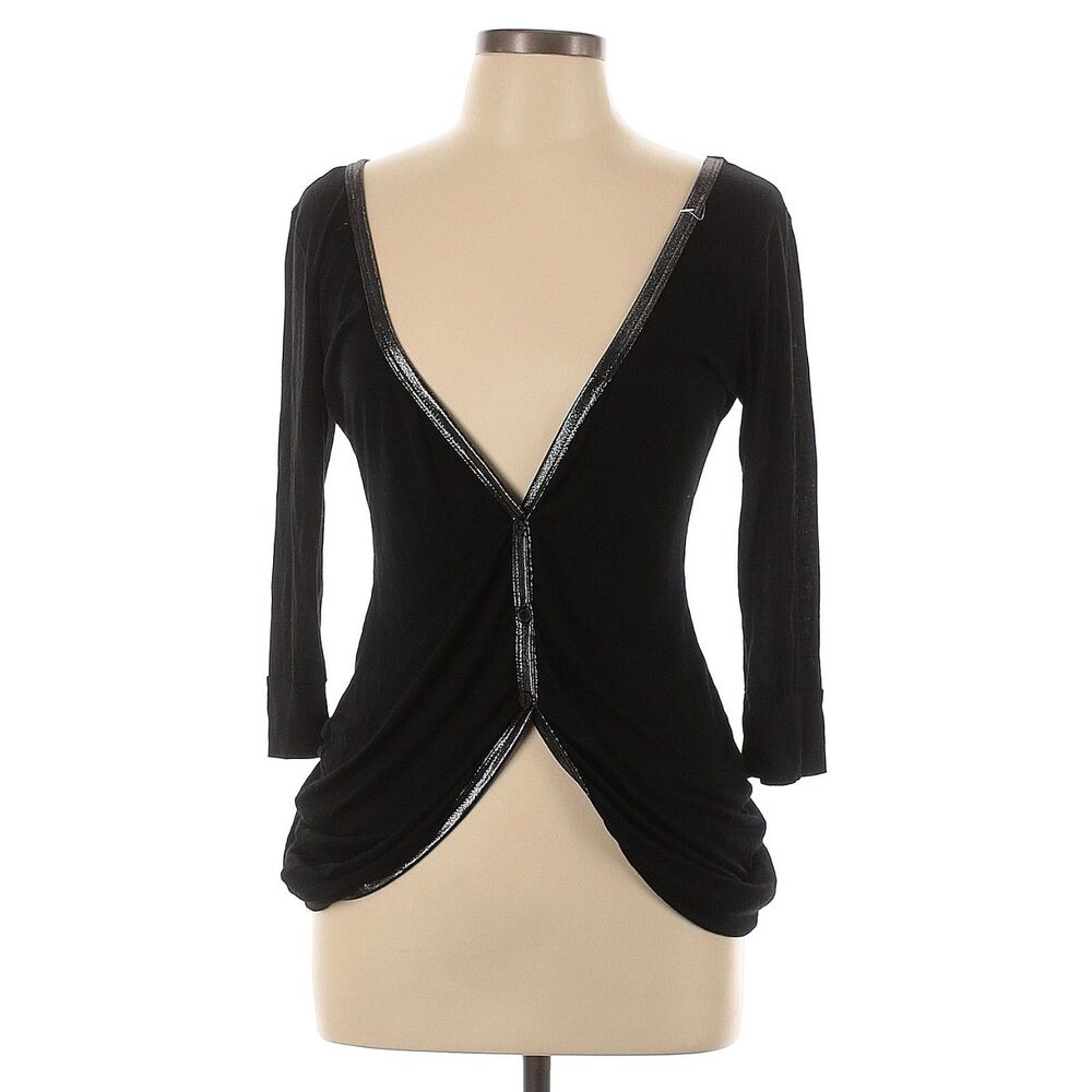 Cleo Top Women L Black Metallic Trim Deep V-neck Backless 3/4 Slv Sexy